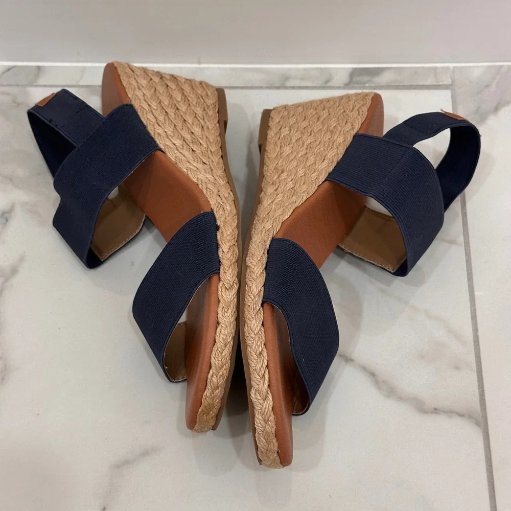 Tommy Bahama Sakura Wedge Espadrilles Heel Sandals Navy Blue Vacation Boho 9.5 M